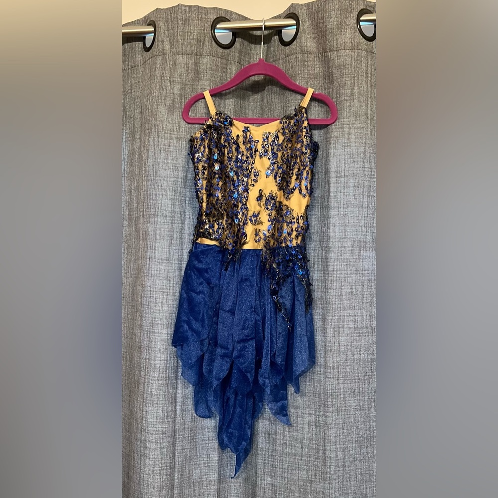 Gorgeous blue and beige lyrical costume with head piece. Medium child